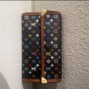 Louis Vuitton Black Multicolor Monogram Long Wallet with Brown Trim